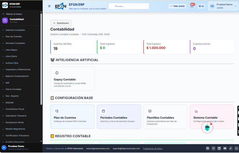 Interfaz del módulo de contabilidad de EFGN ERP